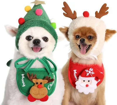 Produktbild von Haustier-Weihnachtskostüm, 4 Stück, Hunde- und Katzen-Weihnachtsoutfit, lustige Geweihe, Weihnachtsmützen, Verstellbarer Umhang, Weihnachtsmann-Speicheltücher für Hündchen, Katzen, Anziehsachen