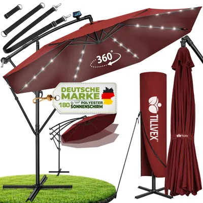 Produktbild von tillvex Alu Ampelschirm Rot LED Solar Ø 350 cm mit Kurbel | Sonnenschirm mit An-/Ausschalter | Gartenschirm UV-Schutz Aluminium | Kurbelschirm mit Ständer Marktschirm wasserdicht