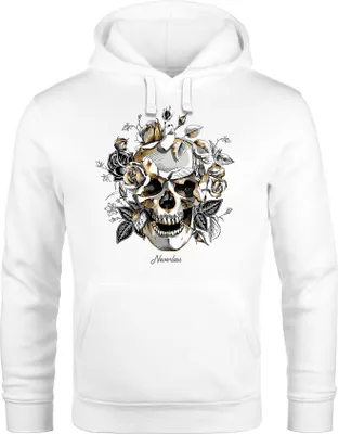 Produktbild von Hoodie Herren Totenkopf Rosen Skull Flower Schädel Kapuzen-Pullover Männer Neverless® weiß XXL