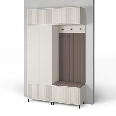 Produktbild von Garderoben-Set Ritmo Version 2 – gefräster Kleiderschrank mit hohen Füßen, Schuhschrank, Hängeschrank für den Flur (cashmere, Trinity 06)