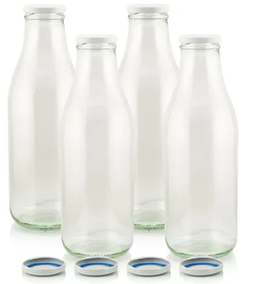 Vier 1-Liter-Glasflaschen mit weißen TO-48-Deckeln zum Befüllen von Milch, Saft und Selbstgemachtem