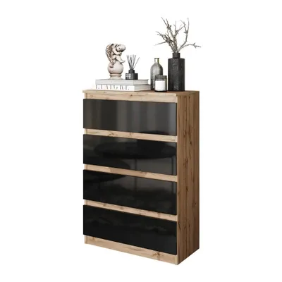 Produktbild von Hohe Kommode Gabriel 4 Schubladen – Eiche Wotan / Schwarz Hochglanz 92 cm, modern und praktisch