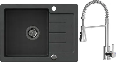 A black granite kitchen sink with a chrome faucet is shown against a white background.