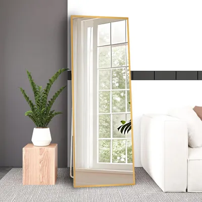 Image de Miroir de pied doré, cadre en métal, 165x60 cm. Miroir pleine longueur, aluminium, verre trempé. Peut être posé ou fixé au mur