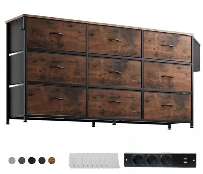 Produktbild von Kommode mit Stoffschubladen, TV-Ständer für 43-65 Zoll Fernseher, 9 Schubladen, Rustikales Braun, 150x68x35 cm