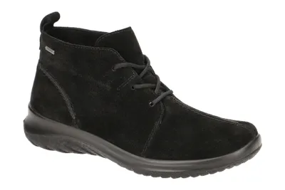 A black suede bootie with laces on a white background.
