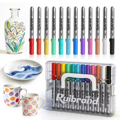 Produktbild von Porzellanstifte Porzellanmarker Keramikstifte - 12 Farben - Spülmaschinenfest - Für Keramik, Glas, Stein und Holz