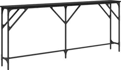 A black console table against a white background.