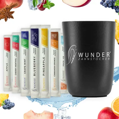 Produktbild von Wunder Zahnstocher mit Geschmack -  Becher Schwarz + 80er Single Pack frischer Atem mit Aromatisierte Zahnstocher - Lifestyle
