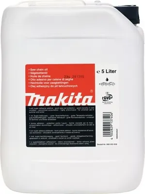 A white plastic jug of Makita saw chain oil.