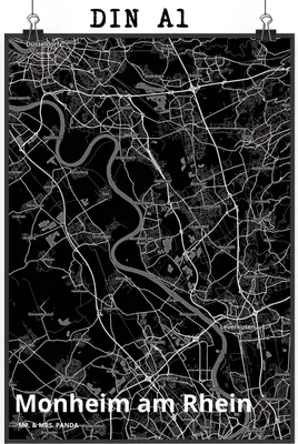 Produktbild von Mr. & Mrs. Panda Bild Monheim am Rhein DIN A1 - Geschenk, Deko, Plakat, Wandbild, wanddeko, Stadt, Dorf Karte Landkarte Map Stadtplan
