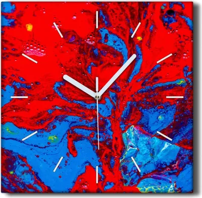 Produktbild von Coloray Hodiny Unikátní 30x30 cm  Tiché hodiny Pro obývací pokoj a kuchyň Nástěnné hodiny Plátno Černé ručičky hodin - Červená a modrá skvrna