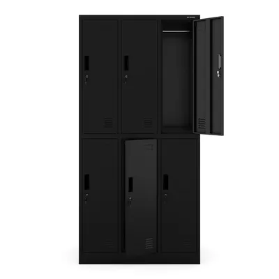 A black metal locker with six compartments, one of which is open.