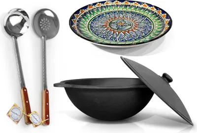 Produktbild von Kasan aus Gusseisen, Deckel aus Aluminiumguss, Runder Boden, Ø 38,5 сm, 10 L+ Platte Teller Ø 32 cm, Schaumlöffel 48 cm, Schöpflöffel 48 cm