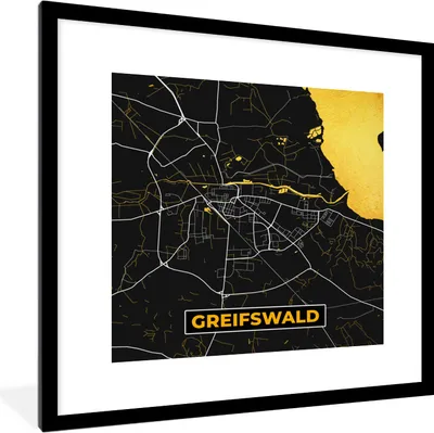 Produktbild von MuchoWow® Gerahmtes Poster Deutschland - Schwarz und Gold - Greifswald - Stadtplan - Karte 40x40 cm - Poster mit Schwarzem Bilderrahmen Wandposter Rahmen Foto Bilder - Poster - Plakat im Rahmen