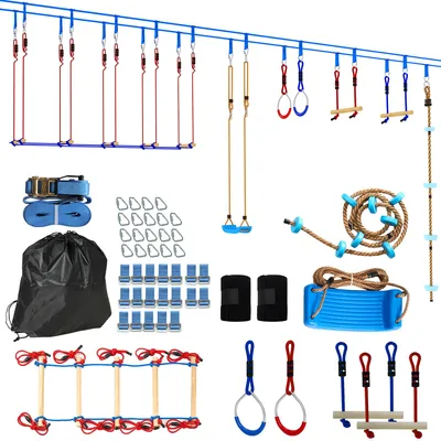 Produktbild von Ninja Line Kinder 24 m Slackline Set mit Turnringe 7 Hindernissen Kletterstange Balancierbrücke für 3-6 Jahre Rot+Blau