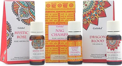 Produktbild von Goloka Duftöl - Naturdüfte für Aromatherapie, Diffusor, Duftlampe | 3er Set (Rose + Nag Champa + Drachenblut)