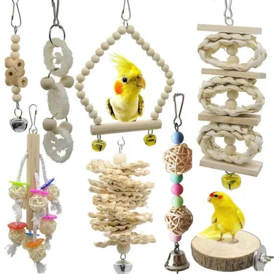Image de Ensemble de jouets pour perroquets, 8 pièces, pour cage à oiseaux : balançoire suspendue, grelots, hamac, perchoirs, jouets à mâcher en bois naturel