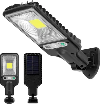 A product shot of a solar-powered LED street light, with two smaller images of the light and its solar panel shown in the foreground.