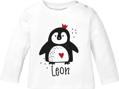 Produktbild von Baby Langarmshirt mit Namen personalisiert Tiermotive little Fox Fuchs Pinguin Panda Wunschname Baumwolle SpecialMe® Pinguin weiß 80/86 (10-15 Monate)