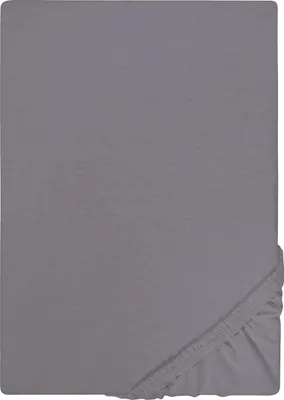 A flat lay of a grey fitted sheet, with the elasticized corner visible in the bottom right.