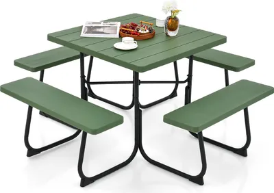 Immagine prodotto di COSTWAY Set di sedute per 8 persone, tavolo da picnic con foro per ombrellone e 4 panche, tavolo da giardino quadrato, set da giardino, mobili da giardino, set di sedute verde