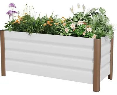 Image de Jardin vertical surélevé, lot de 2 - Plate-bande surélevée profonde - Métal, 100 x 40 x 45 cm - Longue jardinière - Bords de sécurité arrondis - Trous de drainage - Blanc
