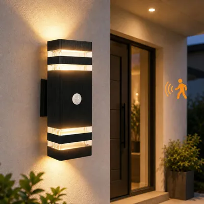 LED Außenwandleuchte mit Bewegungsmelder, 2×5W, 3000K, warmweiß, IP54
