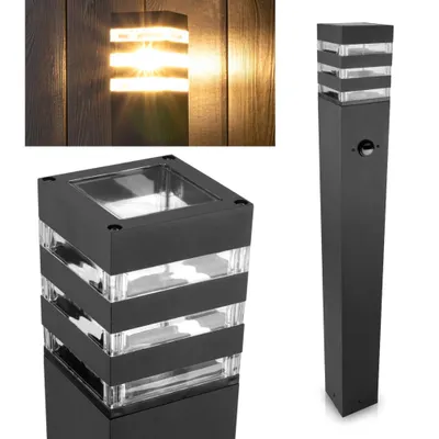 A collage of images showing a black outdoor bollard light with clear glass panels.
