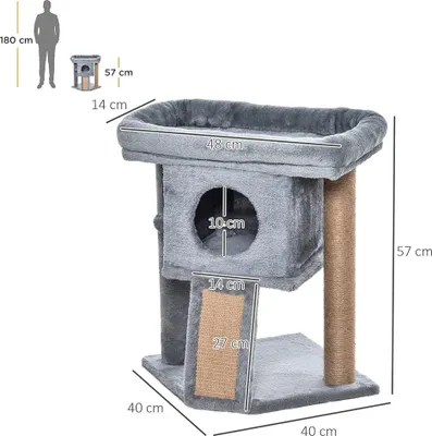 Zdjęcie produktu dla Drapak dla kota PawHut 57 cm Mała wieża dla kota z jaskinią, piłką do zabawy, dużą platformą, drapakiem dla kota, drzewem wspinaczkowym, dla kotów do 5 kg, jasnoszary