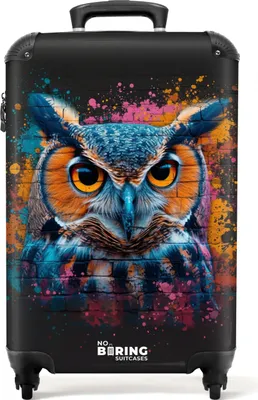 Produktbild von NoBoringSuitcases.com® Koffer Handgepäck Trolley Rollkoffer Kleine Reisekoffer mit 4 Rollen - Eule im bunten Graffiti-Stil - Cabin Size < 55x40x23 cm & 55x40x20 cm - Fotokoffer - Kabinenkoffer - BoardgepäckHandgepäck Koffer 55x35x20 cm, 36L,