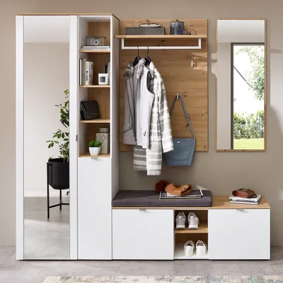 Produktbild von Garderoben Set mit Garderobenschrank weiß matt mit Eiche BLISS-36, 4-teilig