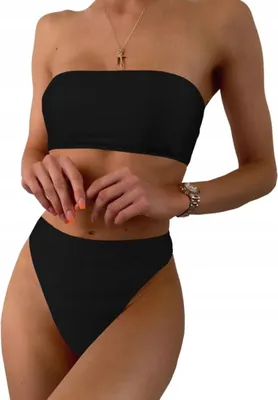 Immagine prodotto di Costume da bagno - Due pezzi - per donna - Top senza spalline - Bikini - Slip a vita alta - Nero - L