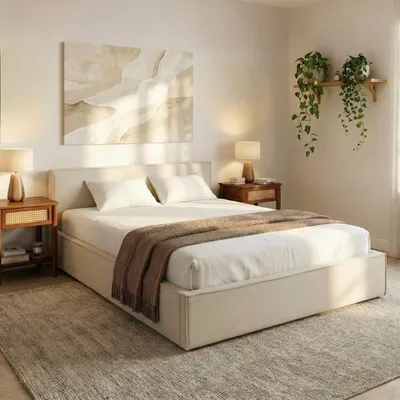 Produktbild von Polsterbett PESARO 160x200 cm, Cremeweiß – modernes Doppelbett mit Lattenrost, Stoffbezug aus 100% Polyester in Leinen Optik, mit Kopfteil für Schalfzimmer