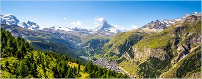 Produktbild von Wallario Poster - Sommerliches Alpenpanorama, Kunstdruck Größe: 50 x 125 cm