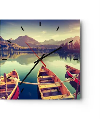 Produktbild von Wanduhr - Quadrat - Glasuhr - Berge See Boot - 40x40cm - Schleichendes Uhrwerk - Lautlos - zum Aufhängen bereit - Dekoration Modern - Wanddekoration aus Glas - C3AC40x40-3652