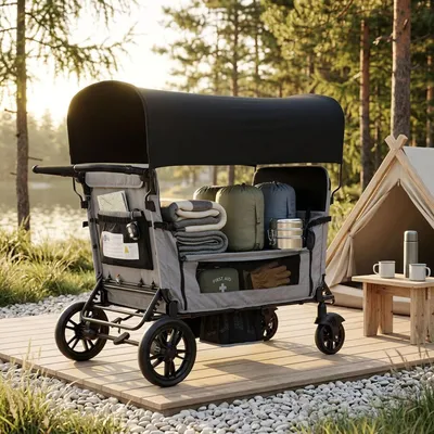 Produktbild von okwish Outdoor Bollerwagen 4-Sitzer mit Sonnendach und Tablett, Kinderwagen mit 8-fach Griffverstellung und Seitentasche, Schwarz+Grau