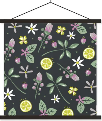 Produktbild von MuchoWow® Textilposter Sommer - Blumen - Zitrusfrüchte - Schwarz 60x60 cm mit schwarzem Rahmen - Posteraufhänger