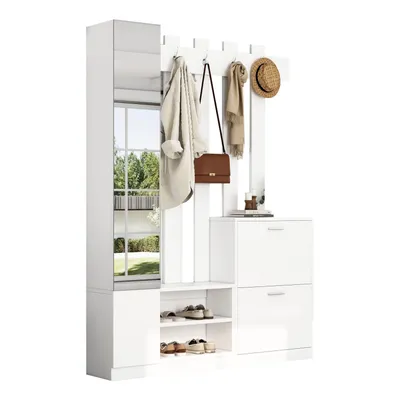 Produktbild von Garderoben-Set mit Spiegel,Flurschrank,Hängeschrankregal,Kompaktgarderobe,Mit 2 unteren Klapptüren-Schuhschränken+2 Aufbewahrungsschränke