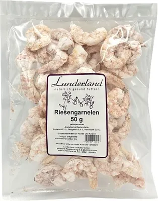 A bag of dried shrimp for pets, with a label showing product details.