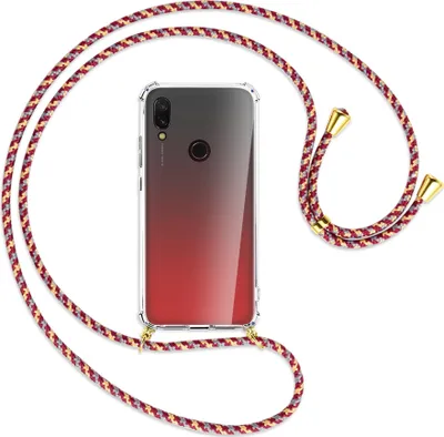 Produktbild von Handykette Backcover-Schutzhülle mit Band (Metall goldfarben) für Xiaomi Redmi 7 - weinrot/gelb/grau