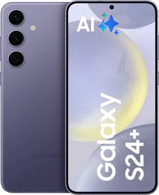 A marketing image of a Samsung Galaxy S24+ phone, showing both the back and front views. The front display has text and graphics.