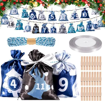 Produktbild von Adventskalender zum Befüllen 24 Stoffsäckchen Blau-Grau 12x17cm mit Zubehör