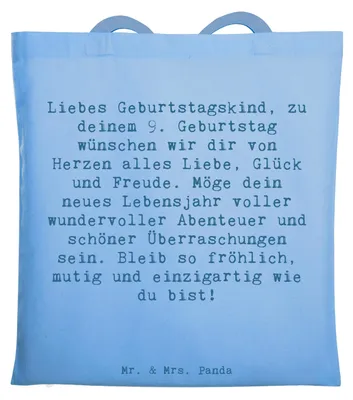 Produktbild von Mr. & Mrs. Panda Shopping Tasche Spruch 9. Geburtstag Glück - Sky Blue - Geschenk, Geburtstagsparty, Happy Birthday, Einkaufstasche, Geburtstagdeko, Alter, Tote Bag