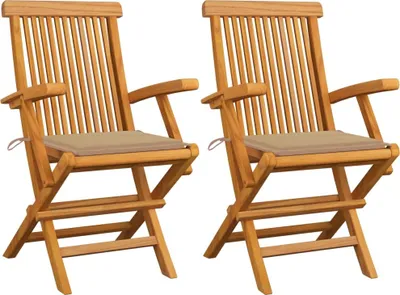 Produktbild von Gartenstühle mit Beige Kissen 2 Stk. Massivholz Teak