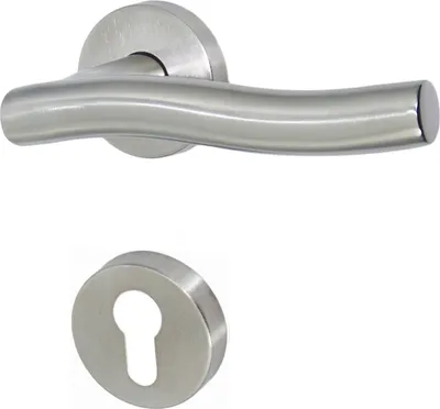 A stainless steel door handle and keyhole escutcheon are shown against a white background.