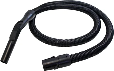 A black vacuum cleaner hose with a handle on a white background.