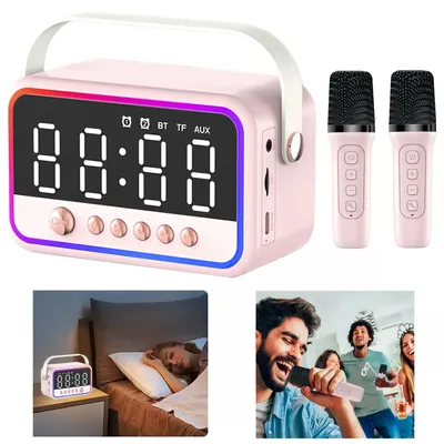 Produktbild von Computer-Mikrofone, 4-in-1 Bluetooth-Lautsprecher mit 2 Drahtlosen Mikrofonen und Wecker, Tragbare Bluetooth-Karaokemaschine mit UKW-Radio, für Kinder