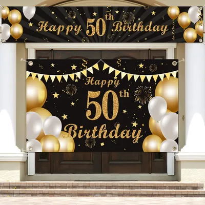 50. Geburtstag Banner und Hintergrund, Schwarz-Gold, Party Deko