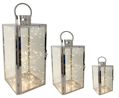 Productafbeelding van Set van 3 roestvrijstalen lantaarns (30/40/53 cm) + 3 LED-lichtslinger met druppelvormige lampjes